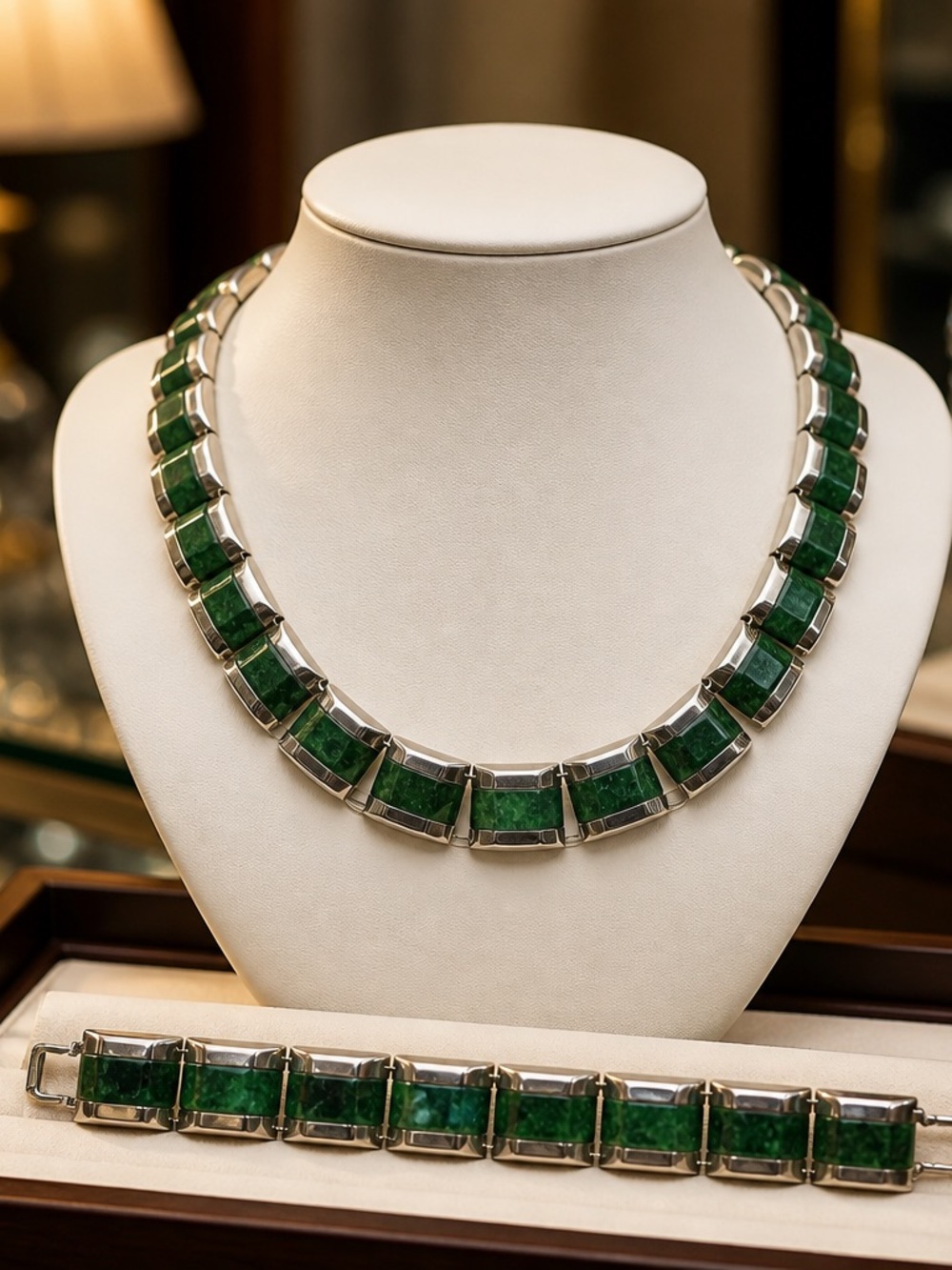 Taxco sterling silver with Malachite stone Link Necklace and Bracelet Set